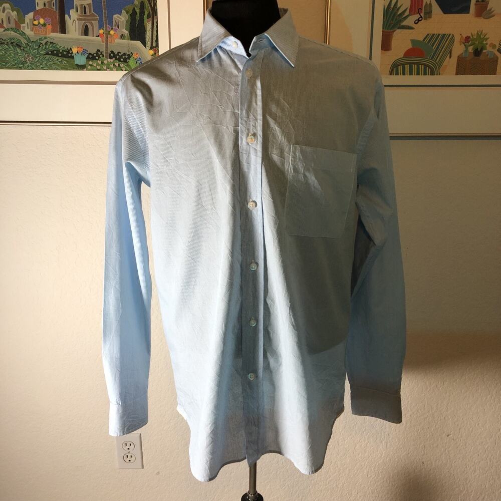 Ermenegildo Zegna Sport Shirt Mens L Large Blue Striped Long Sleeve Italy Cotton